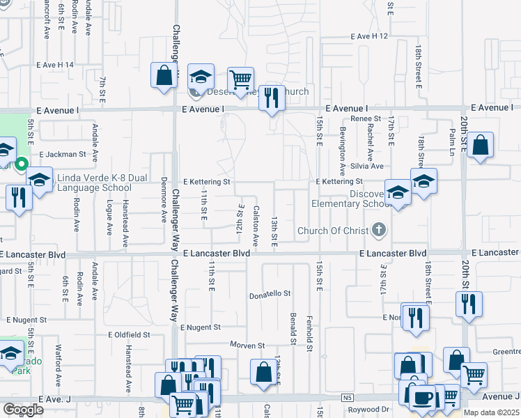 map of restaurants, bars, coffee shops, grocery stores, and more near 44920 Calston Avenue in Lancaster