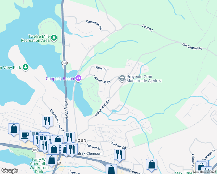 map of restaurants, bars, coffee shops, grocery stores, and more near 116 Henderson Drive in Clemson
