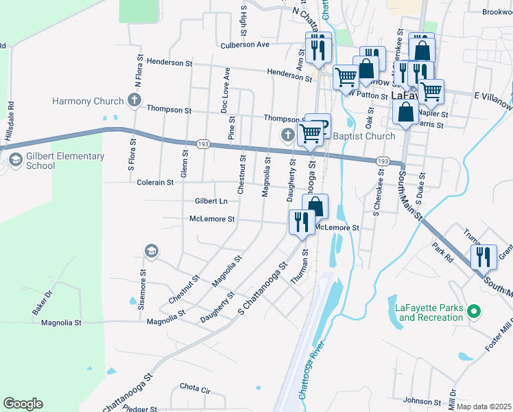map of restaurants, bars, coffee shops, grocery stores, and more near 602 Magnolia Street in LaFayette