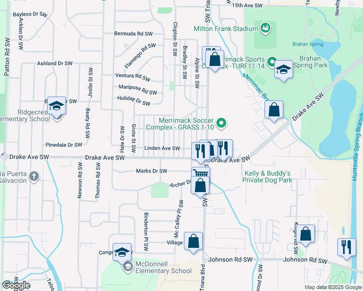 map of restaurants, bars, coffee shops, grocery stores, and more near 3609 Bradley Street Southwest in Huntsville
