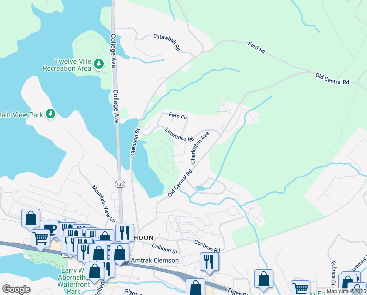 map of restaurants, bars, coffee shops, grocery stores, and more near 116 Henderson Drive in Clemson