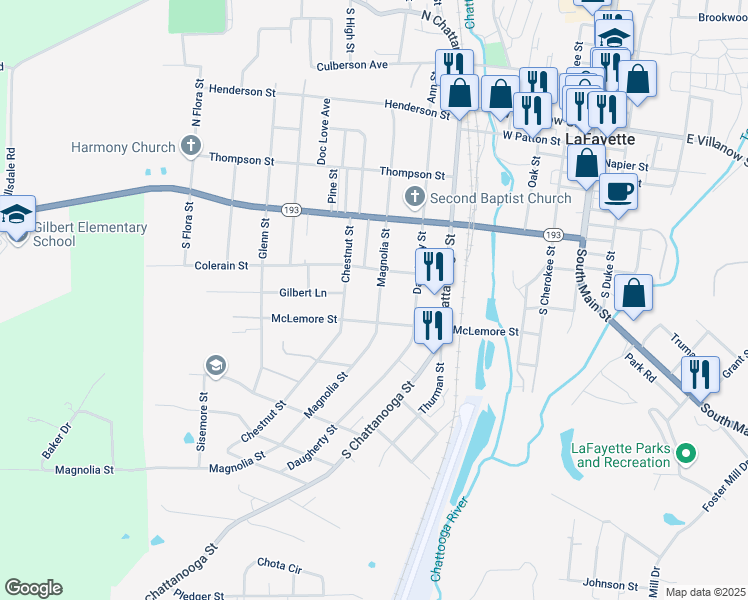 map of restaurants, bars, coffee shops, grocery stores, and more near 602 Magnolia Street in LaFayette