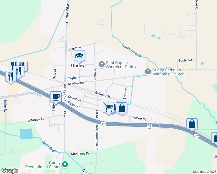 map of restaurants, bars, coffee shops, grocery stores, and more near Jackson Street in Gurley