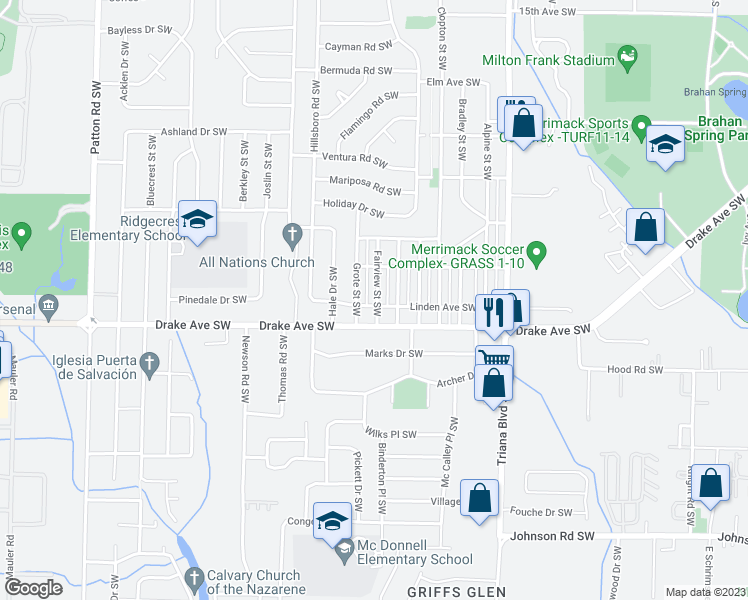 map of restaurants, bars, coffee shops, grocery stores, and more near 3616 Fairview Street Southwest in Huntsville