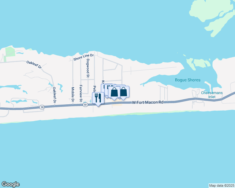 map of restaurants, bars, coffee shops, grocery stores, and more near 101 Beachwood Drive in Atlantic Beach
