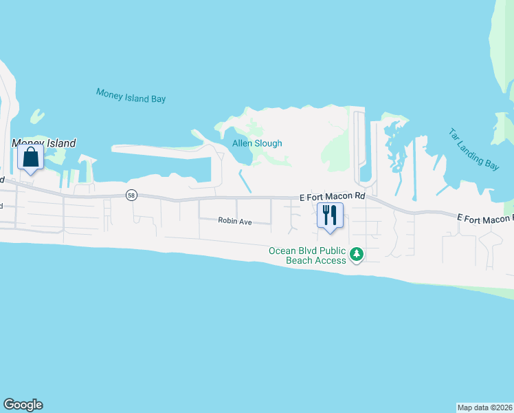 map of restaurants, bars, coffee shops, grocery stores, and more near 1100-1130 State Highway 58 in Atlantic Beach