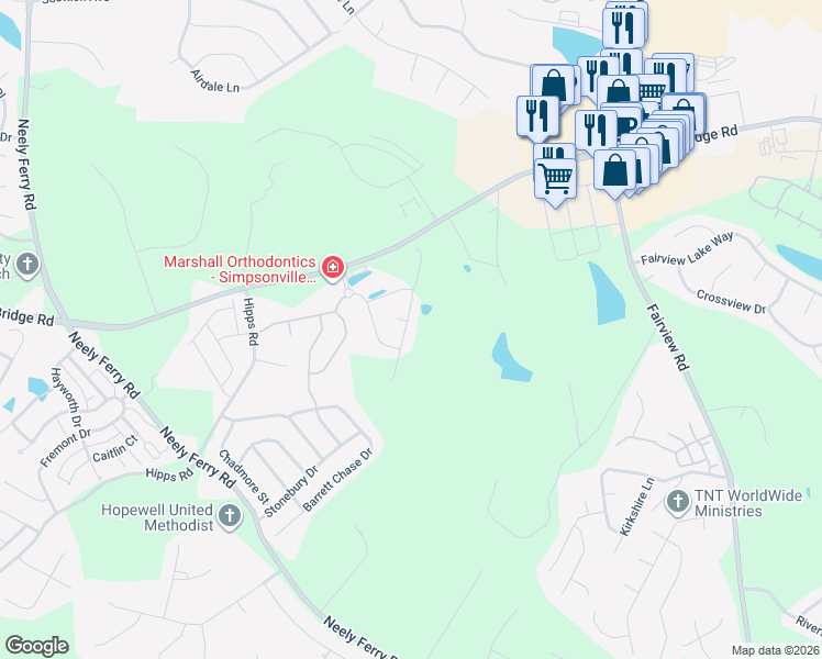 map of restaurants, bars, coffee shops, grocery stores, and more near 101 Sunlit Drive in Simpsonville