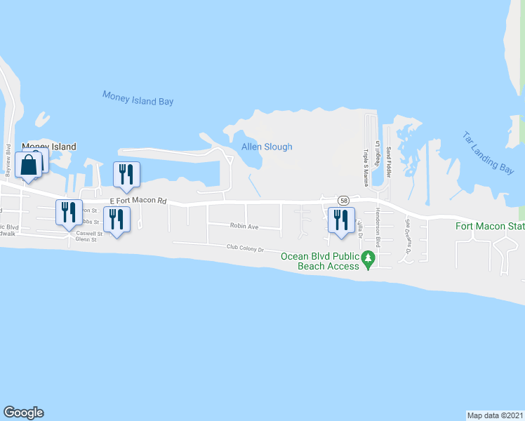 map of restaurants, bars, coffee shops, grocery stores, and more near 1112 East Fort Macon Road in Atlantic Beach