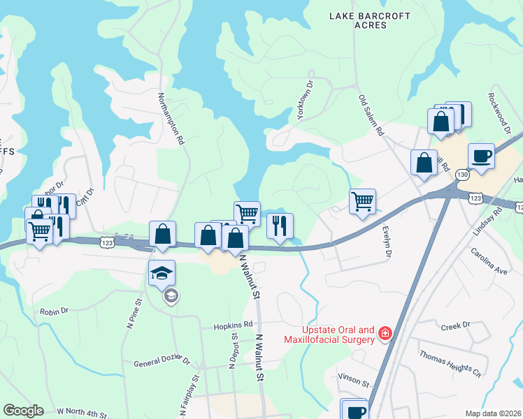 map of restaurants, bars, coffee shops, grocery stores, and more near 515 Inlet Drive in Seneca