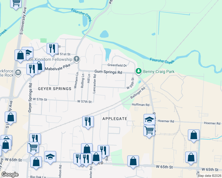 map of restaurants, bars, coffee shops, grocery stores, and more near 4904 West 55th Street in Little Rock