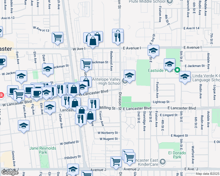 map of restaurants, bars, coffee shops, grocery stores, and more near 218 West Kildare Street in Lancaster