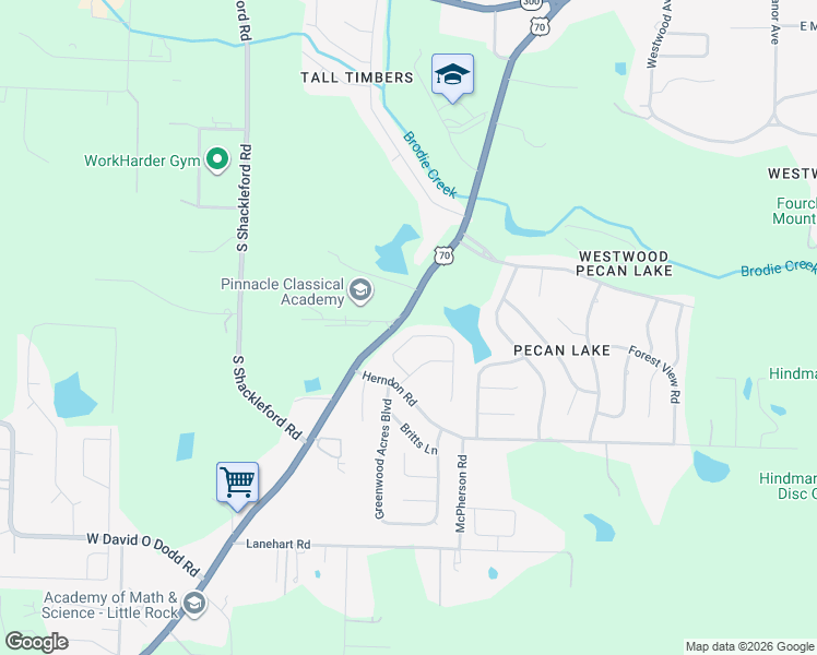 map of restaurants, bars, coffee shops, grocery stores, and more near 24 Bracey Circle in Little Rock