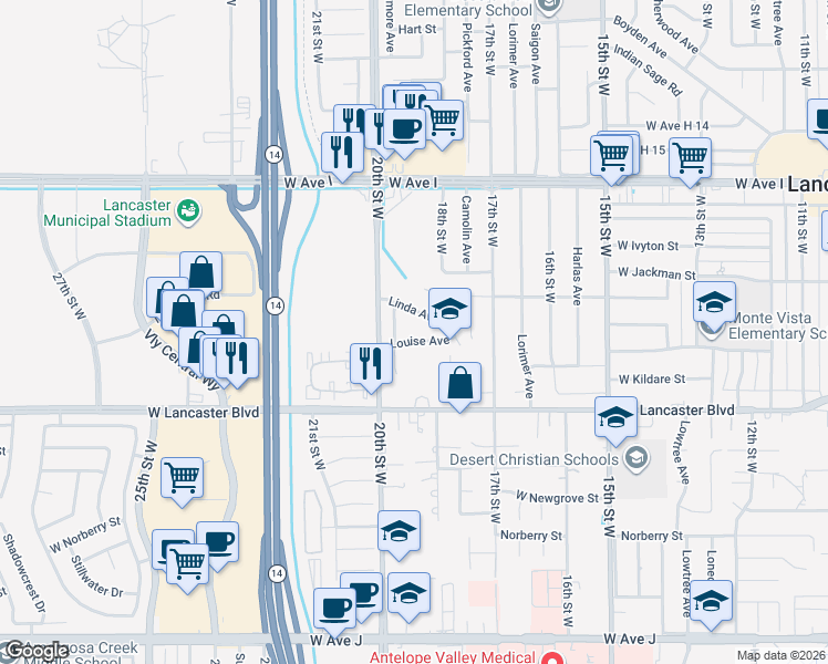map of restaurants, bars, coffee shops, grocery stores, and more near 1827 Louise Avenue in Lancaster