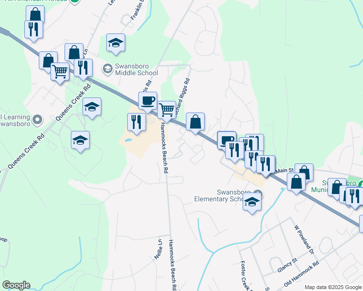 map of restaurants, bars, coffee shops, grocery stores, and more near 29 Outrigger Drive in Swansboro