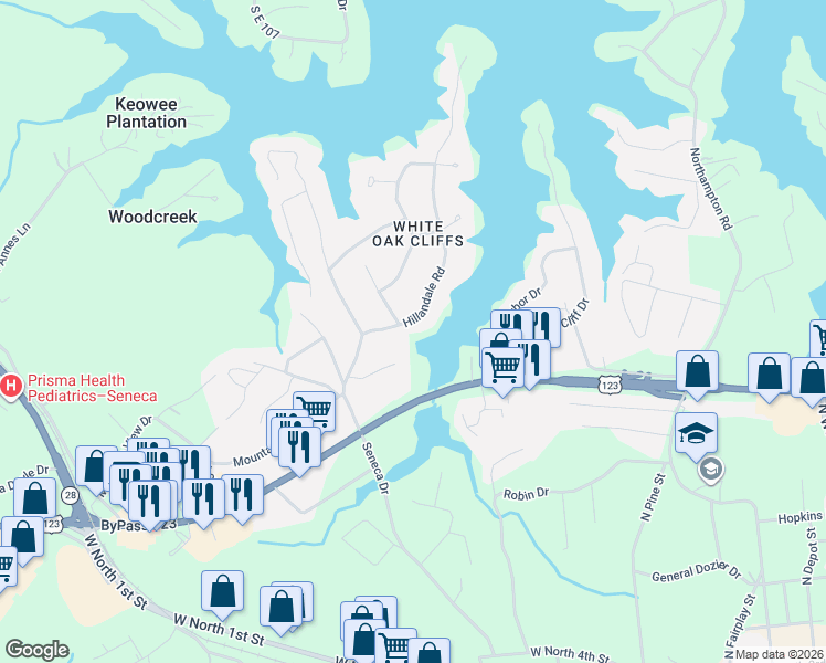 map of restaurants, bars, coffee shops, grocery stores, and more near 100 Mockingbird Street in Seneca