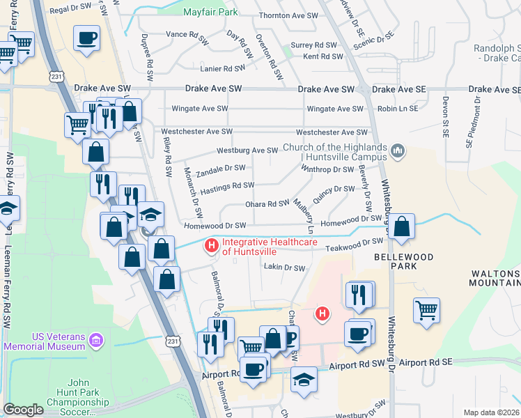 map of restaurants, bars, coffee shops, grocery stores, and more near 3400 Ohara Road Southwest in Huntsville