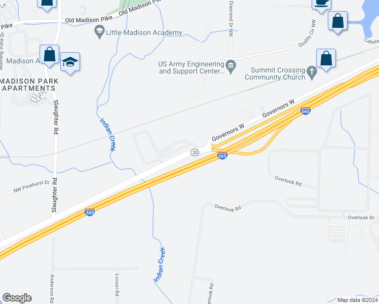 map of restaurants, bars, coffee shops, grocery stores, and more near 6800 Madison Boulevard in Huntsville