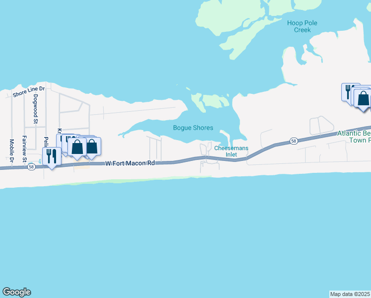 map of restaurants, bars, coffee shops, grocery stores, and more near 1918 West Fort Macon Road in Atlantic Beach