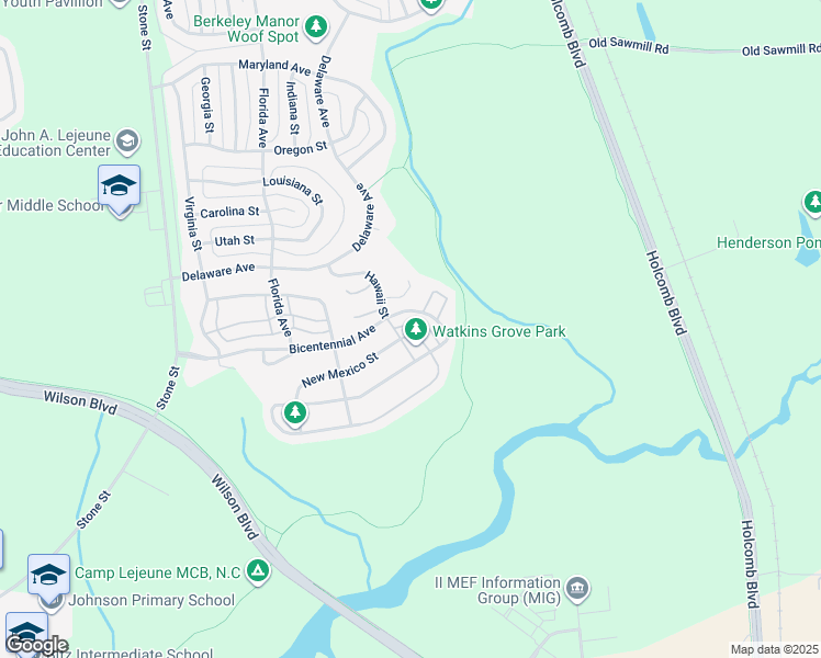 map of restaurants, bars, coffee shops, grocery stores, and more near 6769 New Mexico Street in Camp Lejeune