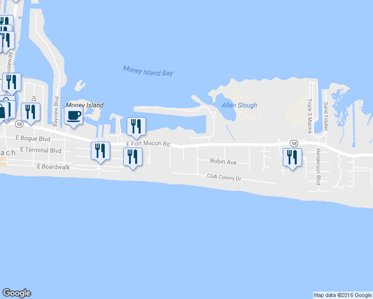 map of restaurants, bars, coffee shops, grocery stores, and more near 101 Dunes Court in Atlantic Beach