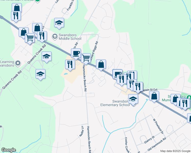 map of restaurants, bars, coffee shops, grocery stores, and more near 28 Outrigger Drive in Swansboro