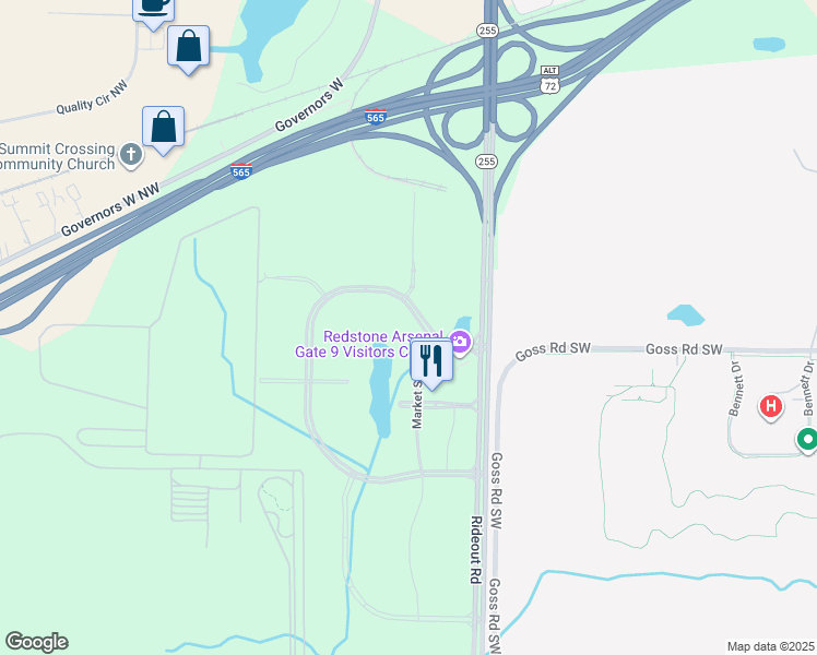 map of restaurants, bars, coffee shops, grocery stores, and more near 6000 Redstone Gateway Southwest in Huntsville