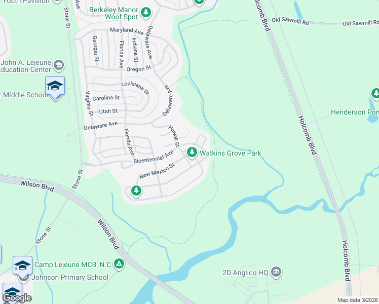 map of restaurants, bars, coffee shops, grocery stores, and more near 6769 New Mexico Street in Camp Lejeune