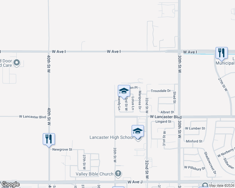 map of restaurants, bars, coffee shops, grocery stores, and more near 44927 Normandy Lane in Lancaster