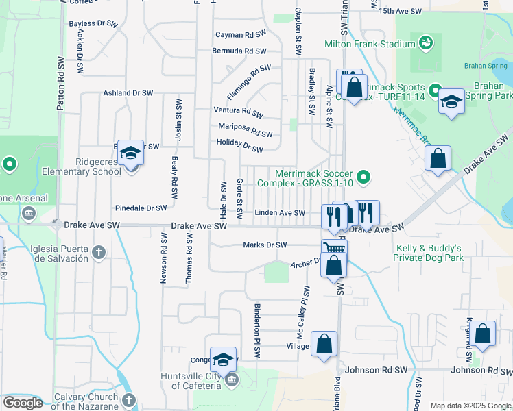 map of restaurants, bars, coffee shops, grocery stores, and more near 3615 Fairview Street Southwest in Huntsville