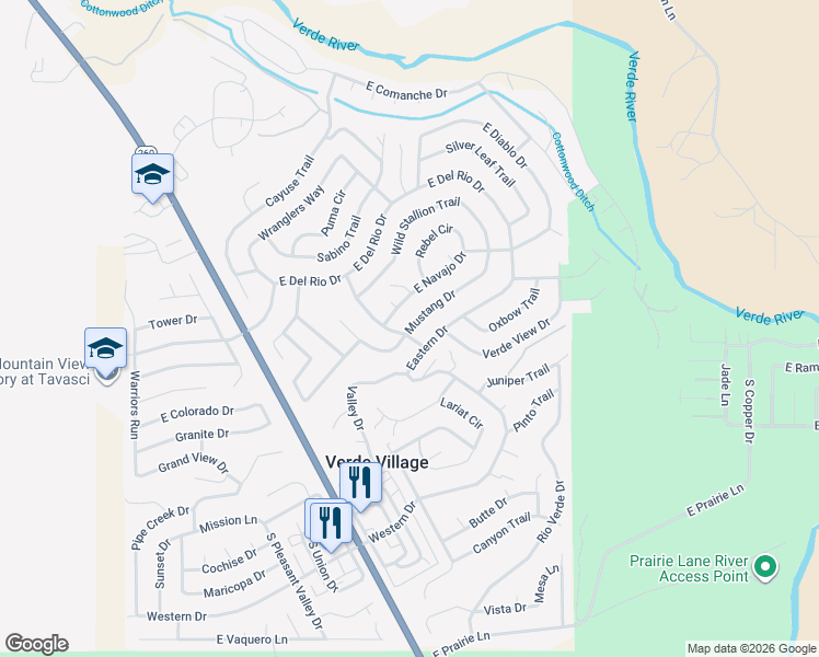 map of restaurants, bars, coffee shops, grocery stores, and more near 4200 Mustang Drive in Cottonwood