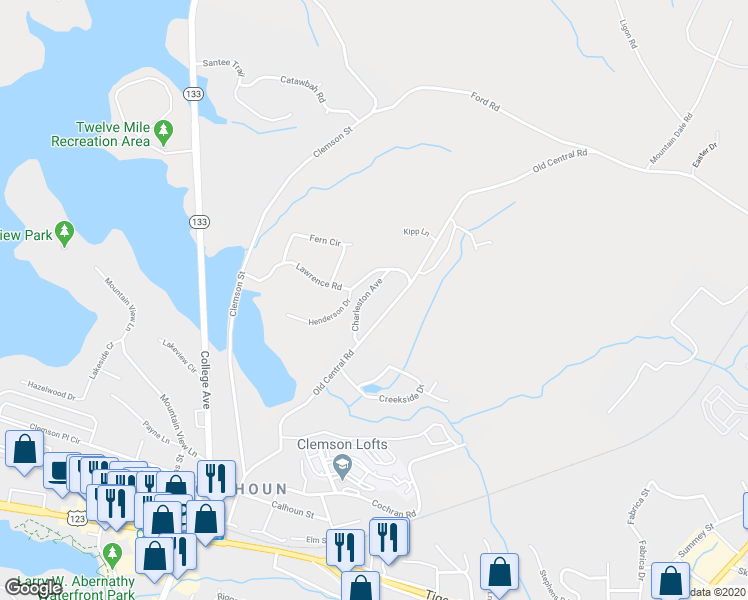 map of restaurants, bars, coffee shops, grocery stores, and more near 220 Charleston Avenue in Clemson