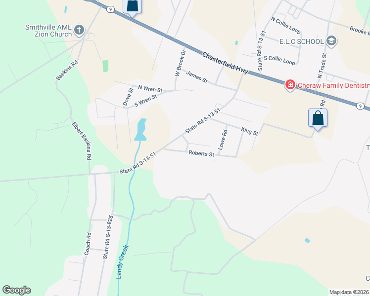 map of restaurants, bars, coffee shops, grocery stores, and more near 511 Bridlewood Road in Cheraw