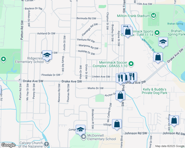 map of restaurants, bars, coffee shops, grocery stores, and more near 3615 Fairview Street Southwest in Huntsville