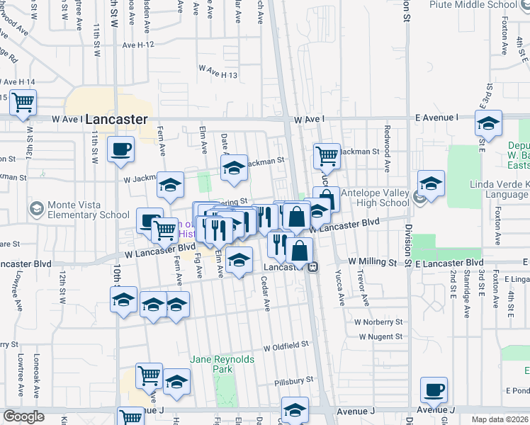 map of restaurants, bars, coffee shops, grocery stores, and more near 44936 Beech Avenue in Lancaster