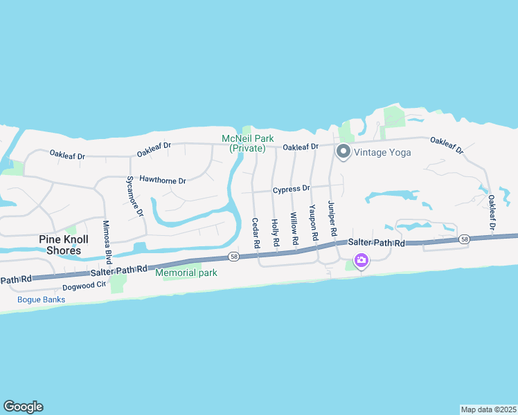 map of restaurants, bars, coffee shops, grocery stores, and more near 120 Cedar Road in Pine Knoll Shores