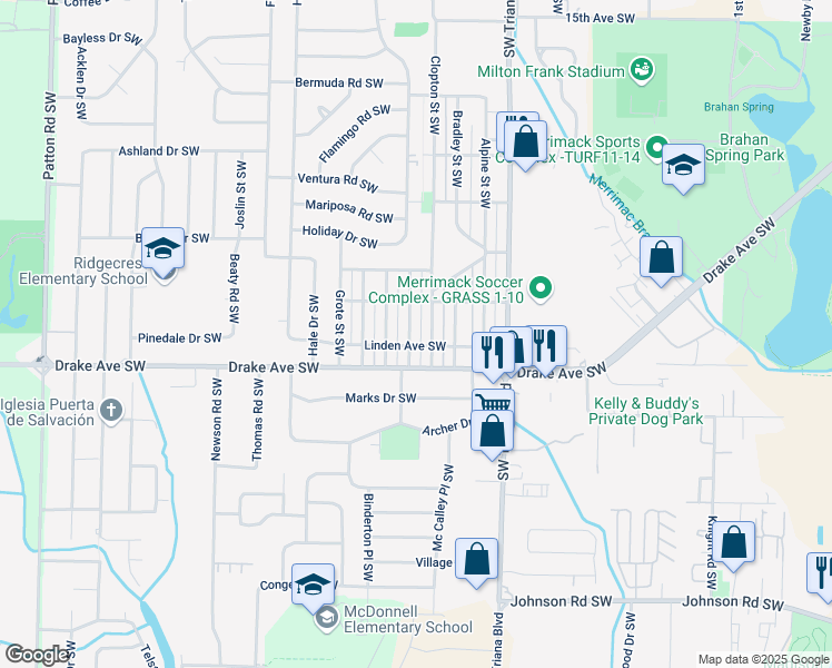map of restaurants, bars, coffee shops, grocery stores, and more near 3611 Dubose Street Southwest in Huntsville
