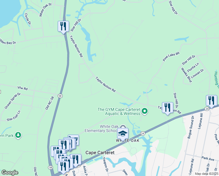 map of restaurants, bars, coffee shops, grocery stores, and more near 199 Taylor Notion Road in Cape Carteret