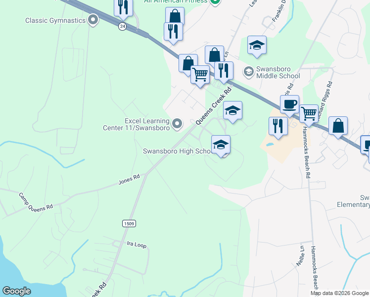 map of restaurants, bars, coffee shops, grocery stores, and more near 179 Queens Creek Road in Swansboro