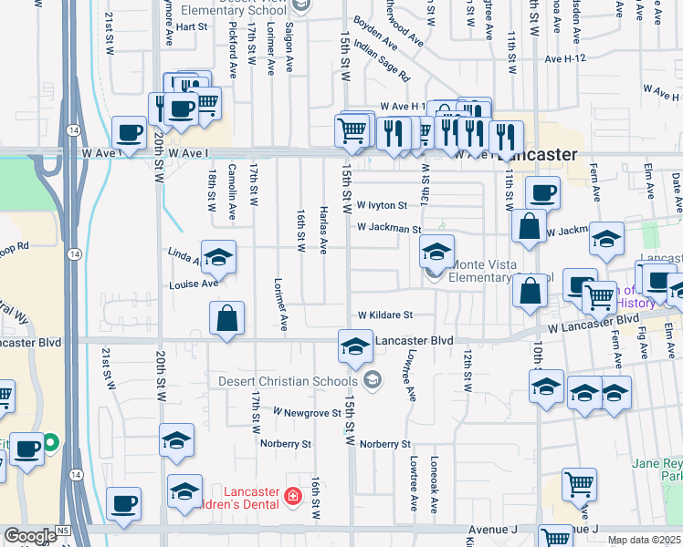 map of restaurants, bars, coffee shops, grocery stores, and more near 44919 15th Street West in Lancaster