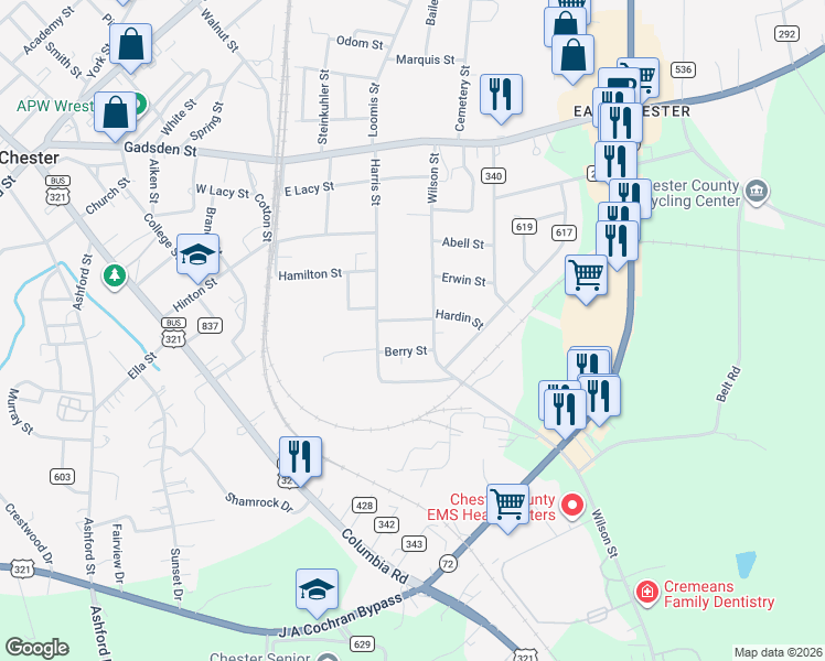 map of restaurants, bars, coffee shops, grocery stores, and more near 107 Hardin Street in Chester