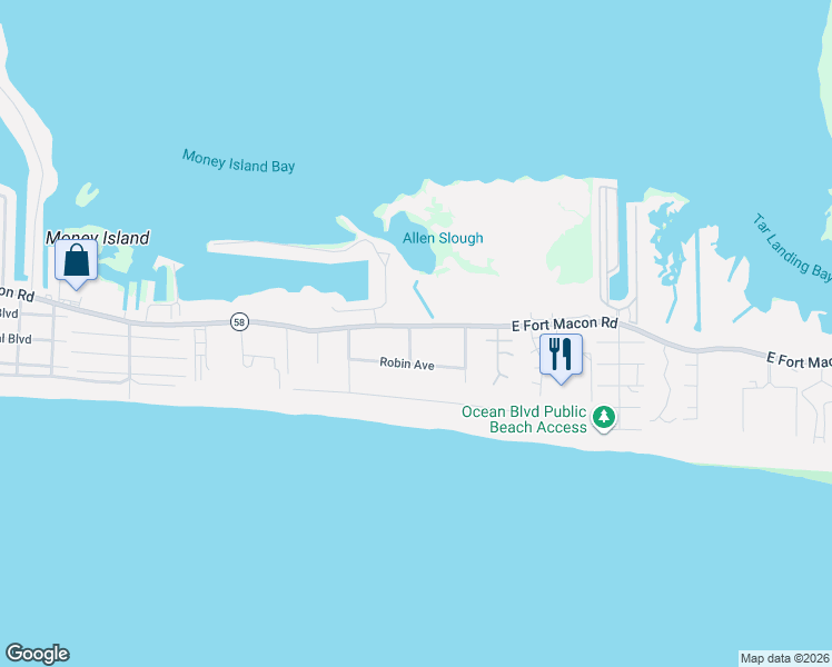 map of restaurants, bars, coffee shops, grocery stores, and more near 1100-1130 State Highway 58 in Atlantic Beach