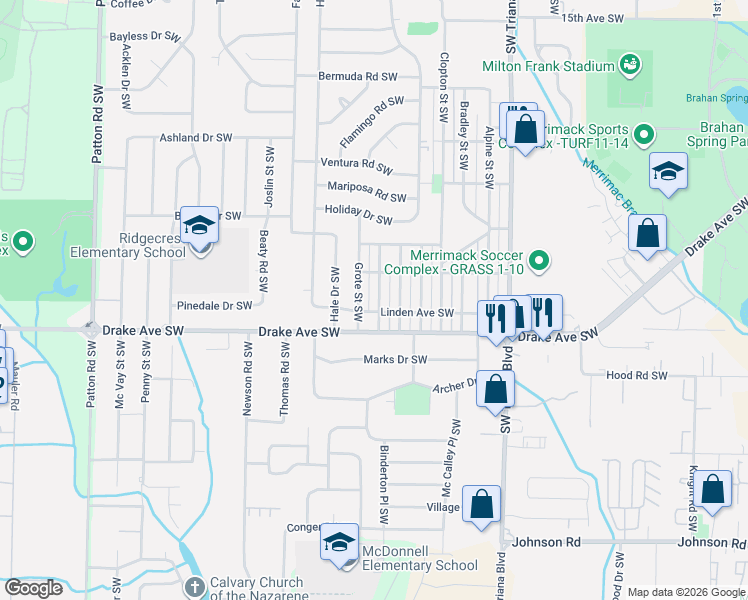 map of restaurants, bars, coffee shops, grocery stores, and more near 3608 Emm Ell Street Southwest in Huntsville
