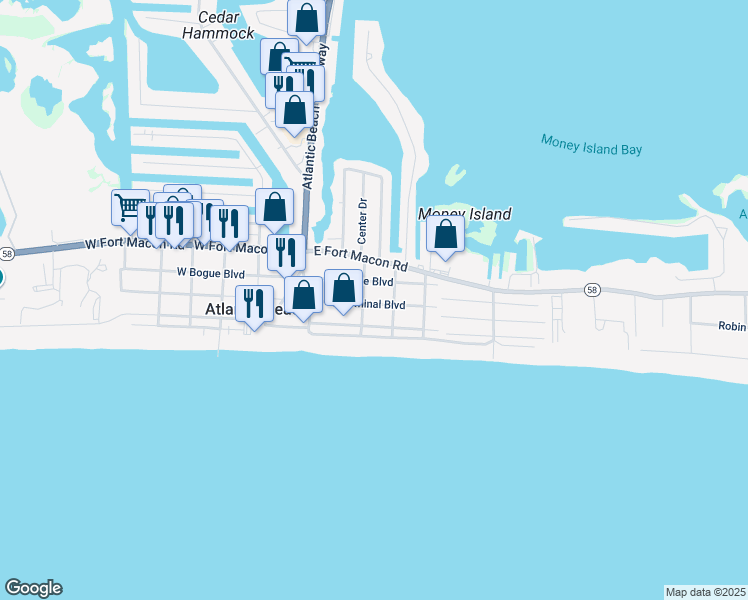 map of restaurants, bars, coffee shops, grocery stores, and more near 205 East Terminal Boulevard in Atlantic Beach