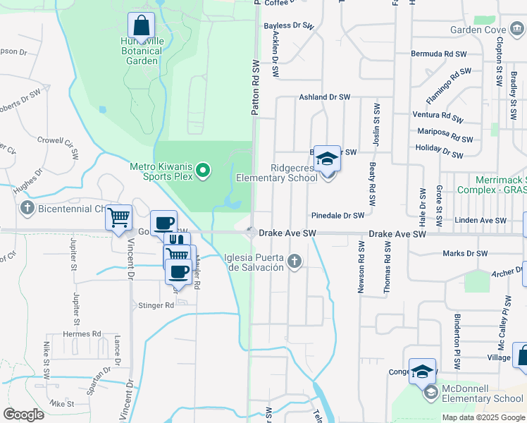 map of restaurants, bars, coffee shops, grocery stores, and more near 3708 Mc Vay Street Southwest in Huntsville