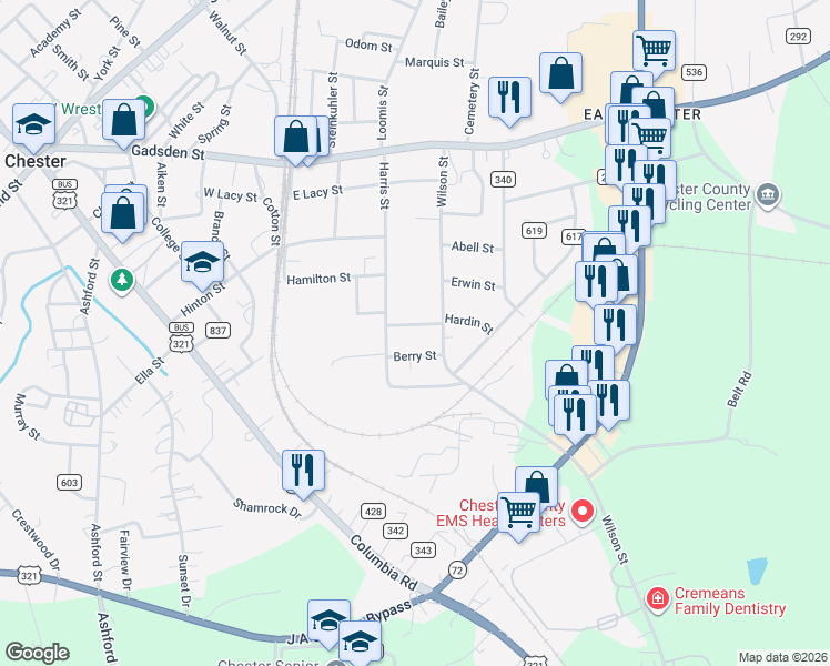 map of restaurants, bars, coffee shops, grocery stores, and more near 107 Hardin St in Chester