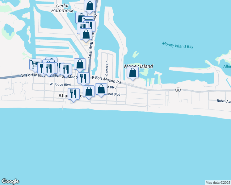 map of restaurants, bars, coffee shops, grocery stores, and more near 213 East Terminal Boulevard in Atlantic Beach