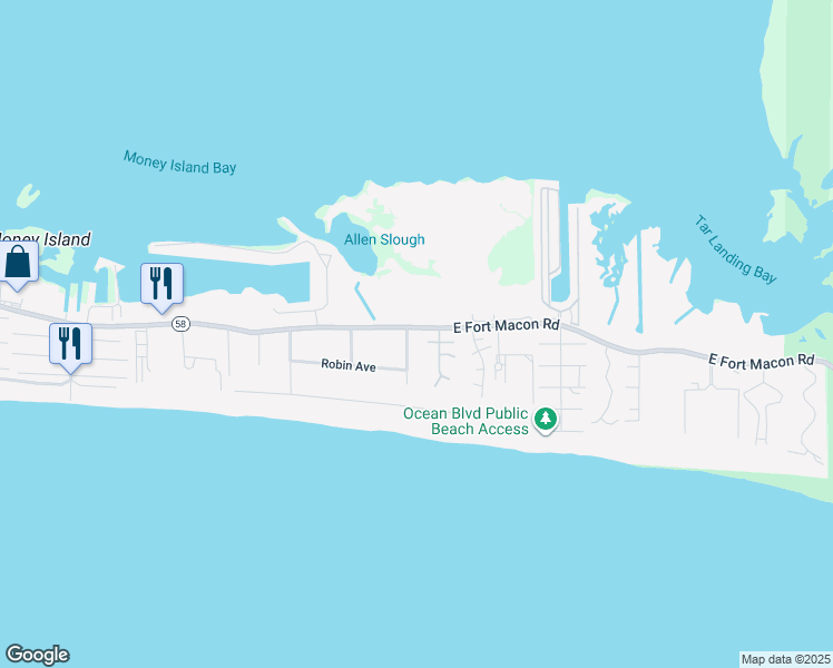 map of restaurants, bars, coffee shops, grocery stores, and more near 101 Freeman Lane in Atlantic Beach