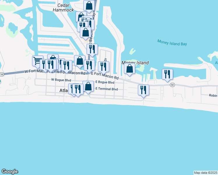 map of restaurants, bars, coffee shops, grocery stores, and more near 205 East Terminal Boulevard in Atlantic Beach