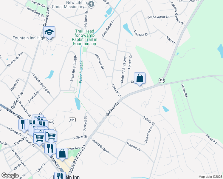 map of restaurants, bars, coffee shops, grocery stores, and more near 113 Queensland Court in Fountain Inn