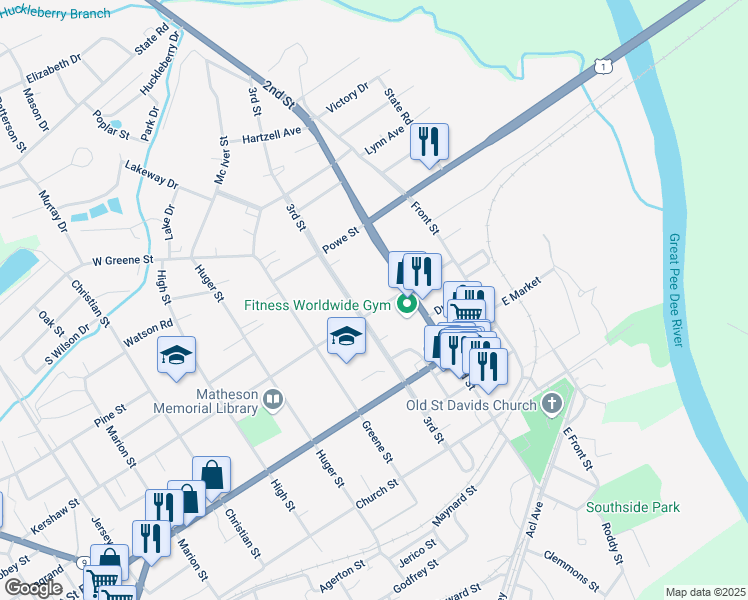 map of restaurants, bars, coffee shops, grocery stores, and more near 216 Kershaw Street in Cheraw